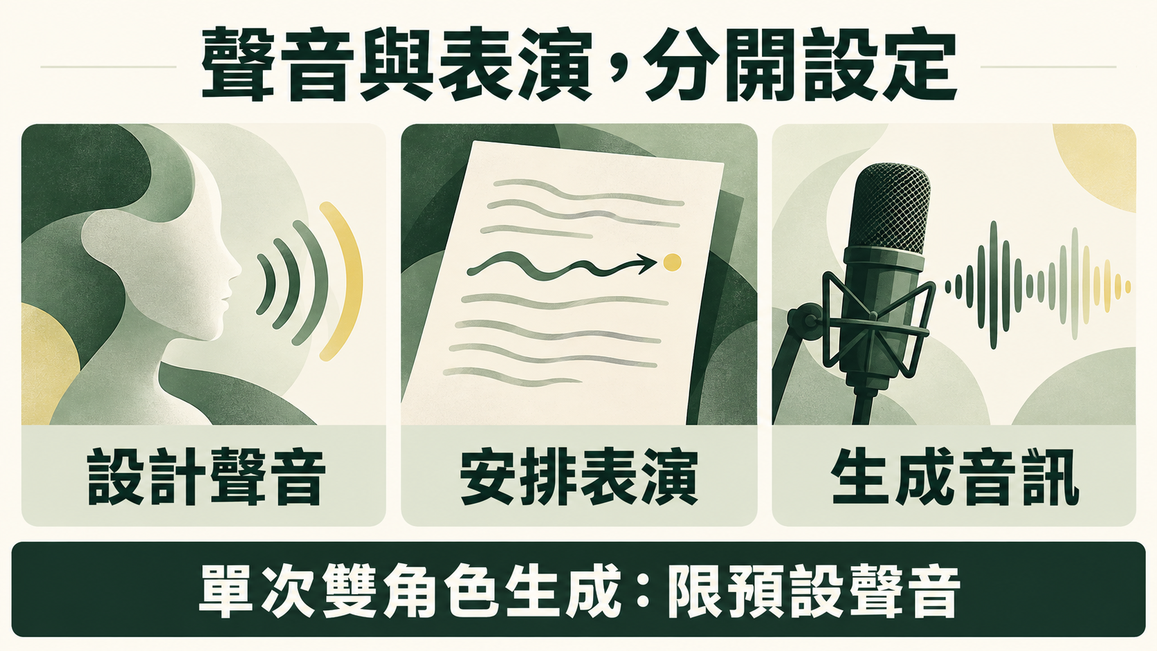 設計聲音、安排表演、生成音訊三階段示意